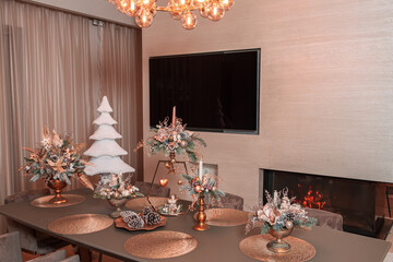 Living room with Christmas decorations on the table 