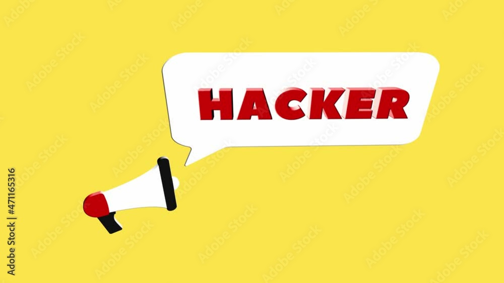 Poster 3d realistic style megaphone icon with text Hacker isolated on yellow background. Megaphone with speech bubble and hacker text on flat design. 4K video motion graphic