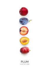 Creative layout made of plum on the white background. Flat lay. Food concept.	