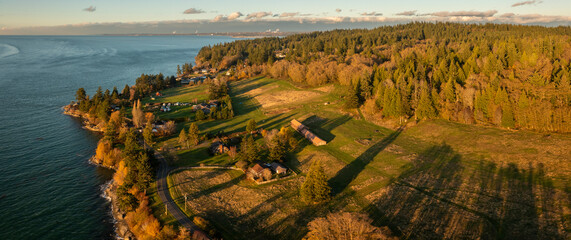 Fototapeta na wymiar Aerial View of the West Side of Lummi Island, Washington. This beautiful and rural island lies just west of Bellingham in the Salish Sea area of the Pacific Northwest.
