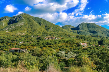 Beautiful landscape with mountains and a small village in the vicinity of the town of Bar, Montenegro, Balkans. Summer.