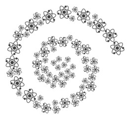 Atom electrons icon spiral collage. Atom electrons icons are scattered into curl design concept. Abstract curl is designed from randomized atom electrons icons.