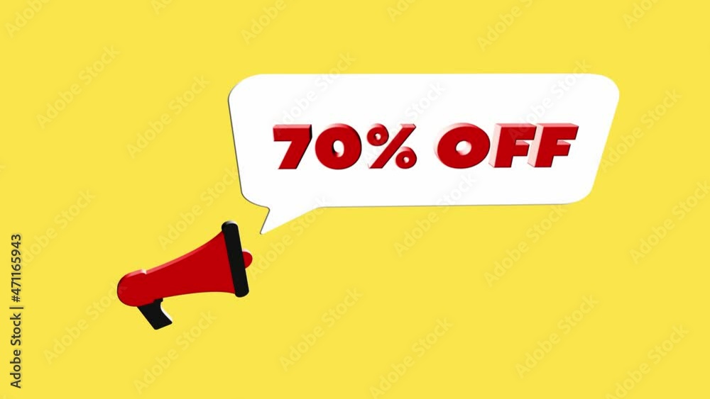 Poster 3d realistic style megaphone icon with text 70 percent off isolated on yellow background. megaphone 
