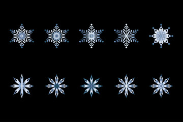 Blue Steel Snowflakes Set. Flat style.  Symbol of winter, Christmas, New Year holiday. Blue silhouette  on black background. Vector illustration.