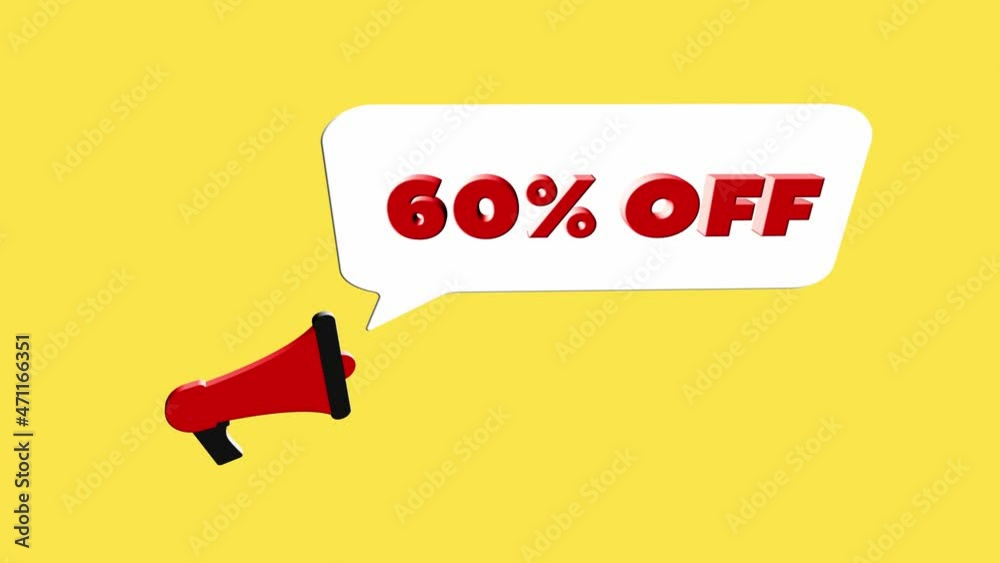 Poster 3d realistic style megaphone icon with text 60 percent off isolated on yellow background. megaphone 