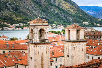 Ancient towers and stone houses of the old town of Kotor. Montenegro, Balkans. The mountains. Bay of Kotor.