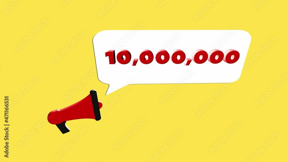 Leinwandbilder 3d realistic style megaphone icon with number Ten million isolated on yellow background. Megaphone with speech bubble and 10000000 subscribers text on flat design. 4K video motion graphic