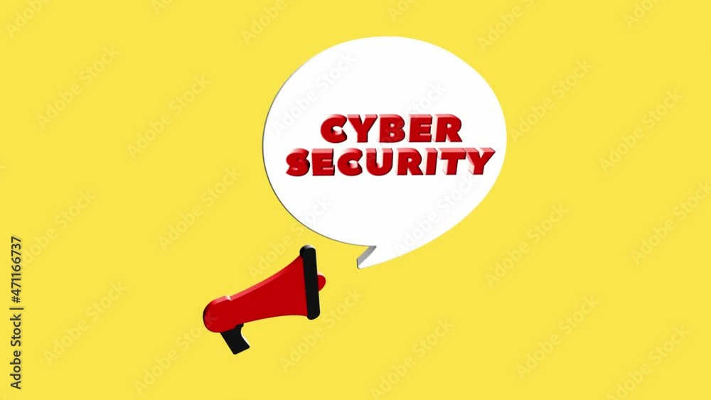 Poster 3d realistic style megaphone icon with text Cyber security isolated on yellow background. Megaphone with speech bubble and cyber security text on flat design. 4K video motion graphic