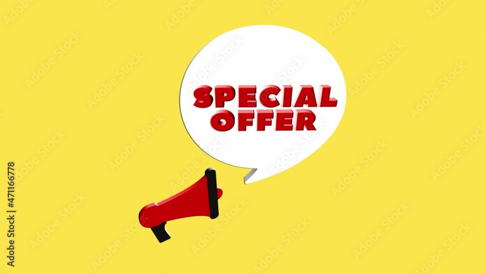 Poster 3d realistic style megaphone icon with text special offer isolated on yellow background. megaphone w