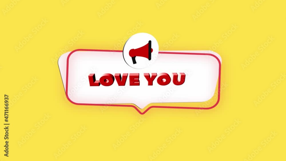 Poster 3d realistic style megaphone icon with text love you isolated on yellow background. megaphone with s