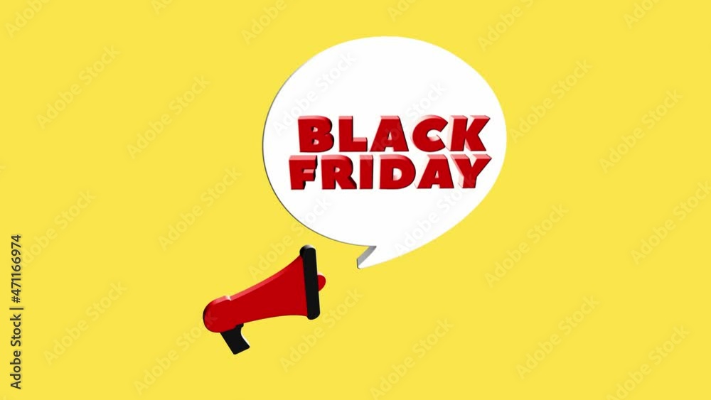 Poster 3d realistic style megaphone icon with text Black Friday isolated on yellow background. Megaphone with speech bubble and black friday text on flat design. 4K video motion graphic