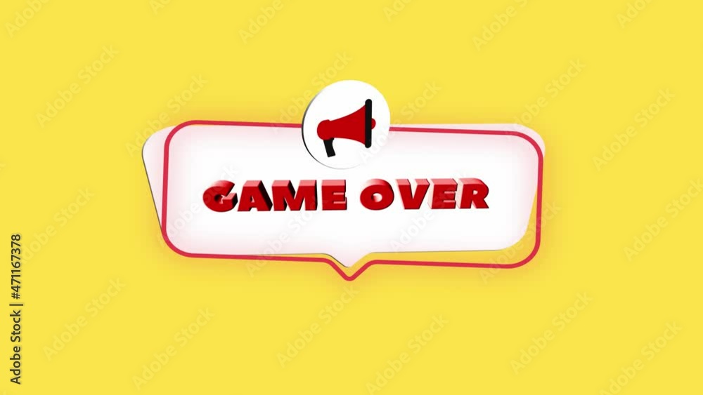 Poster 3d realistic style megaphone icon with text Game over isolated on yellow background. Megaphone with speech bubble and game over text on flat design. 4K video motion graphic