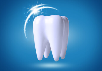 Tooth model with glowing on blue background. Dental care