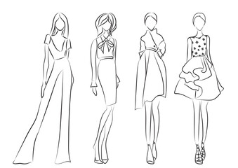 Fashion sketch. Models wearing stylish clothes on white background, illustration