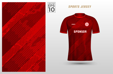 Red t-shirt sport design template with abstract line halftone pattern for soccer jersey. Sport uniform in front view. Tshirt mock up for sport club. Vector Illustration - obrazy, fototapety, plakaty