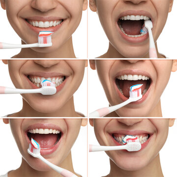 Collage with photos of woman brushing teeth on white background, closeup. Dental care, step by step instructions