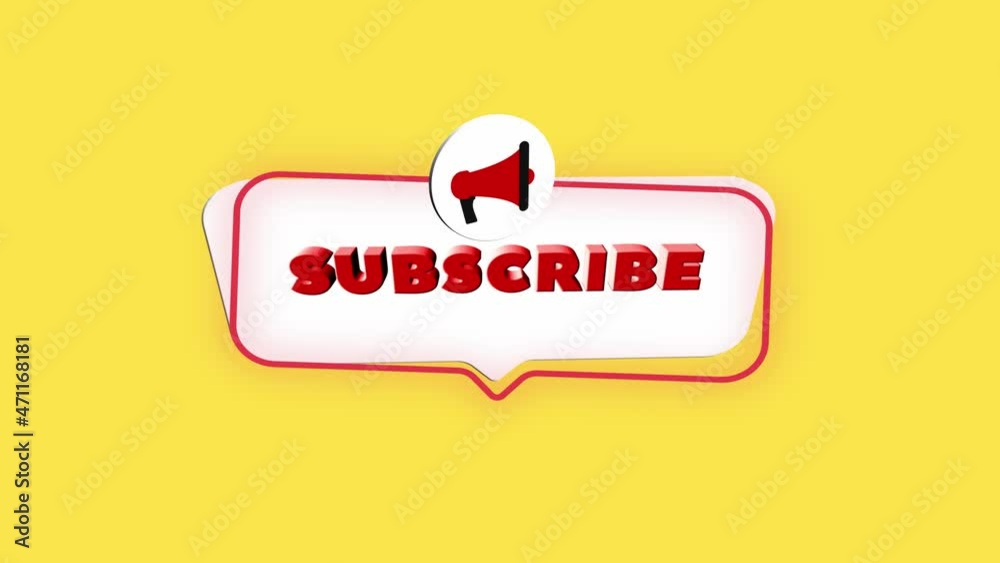Poster 3d realistic style megaphone icon with text Subscribe isolated on yellow background. Megaphone with speech bubble and subscribe text on flat design. 4K video motion graphic