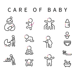 画　3色アイコン　赤ちゃんのお世話　黒基調