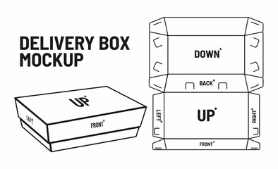Black and white food Delivery packaging box, set of square-sized packages with position sign of cover design. Set of closed and open boxes on white background