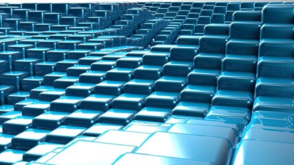 Obraz premium Abstract background with waves made of a lot of blue cubes geometry primitive forms that goes up and down under black-white lighting. 3D illustration. 3D CG. High resolution.