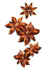 Dry aromatic anise stars falling on white background