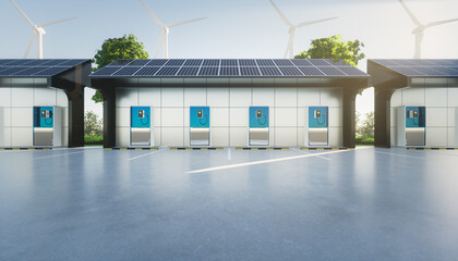 Obraz premium 3d rendering of charging station or EV charger. Point for recharge electric vehicle battery consist of solar panel, concrete floor, turbine and plug for green power energy concept or background. 