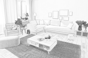 Sketch of living room interior with stylish furniture. Illustration