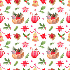 Christmas seamless pattern. Basket with gifts, holly branches, bells, poinsettia, hot chocolate