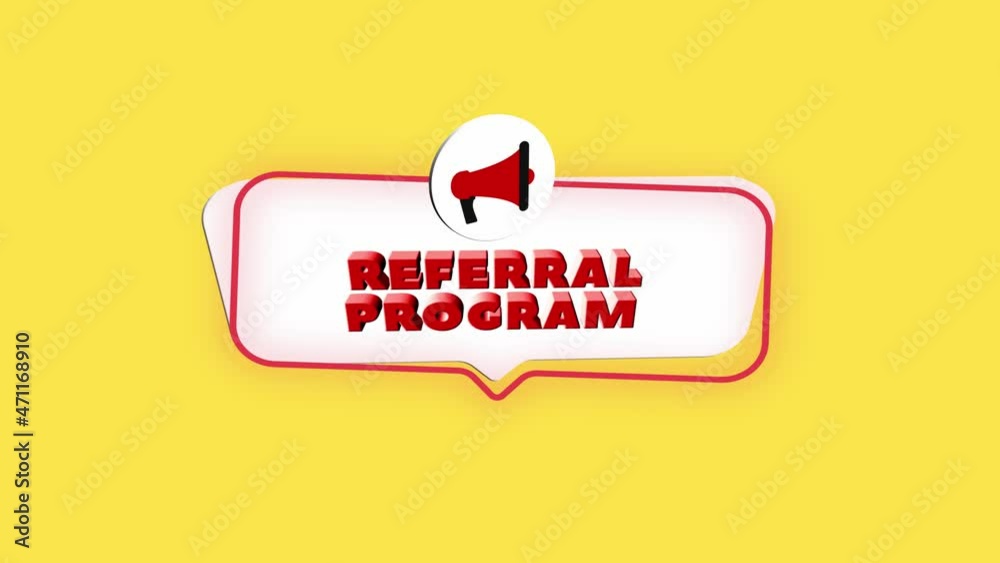 Poster 3d realistic style megaphone icon with text Referral program isolated on yellow background. Megaphone with speech bubble and referral program text on flat design. 4K video motion graphic