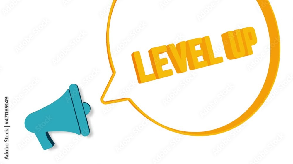 Poster Megaphone with speech bubble in 3d style on white background. Level up text. Loudspeaker. 4K video motion graphic
