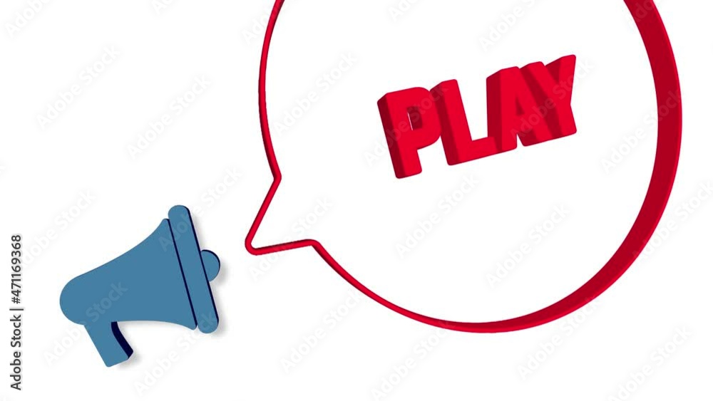 Poster megaphone with speech bubble in 3d style on white background. play text. loudspeaker. 4k video motio