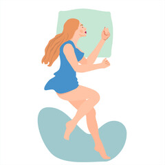 Beautiful woman sleeping in bed without a blanket. Female cartoon character lying in a comfortable poseon the side. Top view. Simple illustration in flat style.
