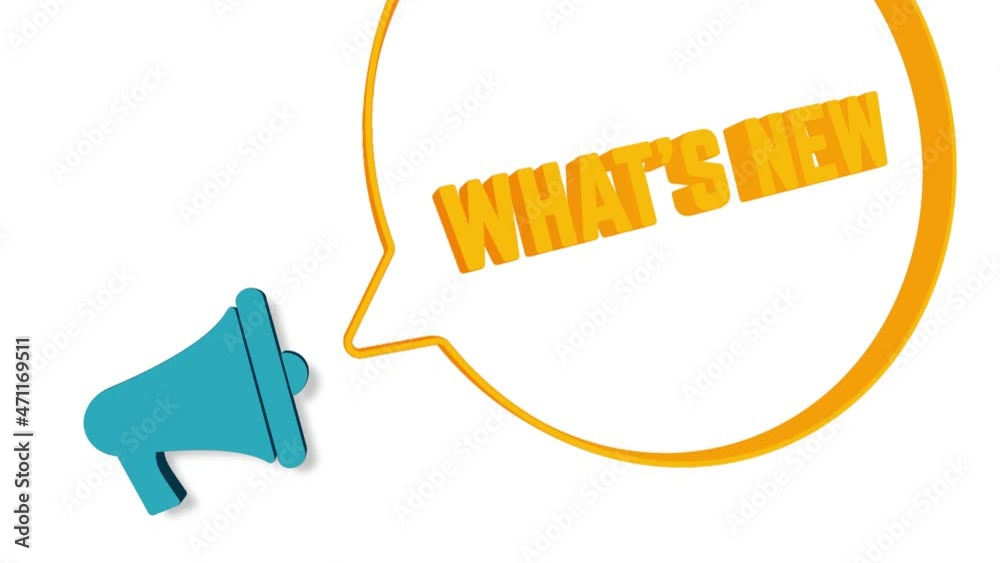Poster Megaphone with speech bubble in 3d style on white background. What's new text. Loudspeaker. 4K video motion graphic