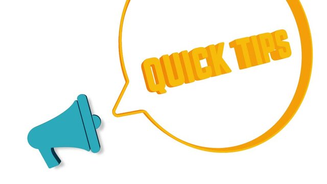 Megaphone with speech bubble in 3d style on white background. Quick tips text. Loudspeaker. 4K video motion graphic