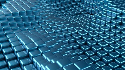 Abstract background with waves made of a lot of blue cubes geometry primitive forms that goes up and down under black-white lighting. 3D illustration. 3D CG. High resolution.