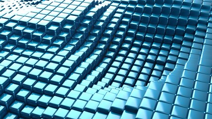 Fototapeta premium Abstract background with waves made of a lot of blue cubes geometry primitive forms that goes up and down under black-white lighting. 3D illustration. 3D CG. High resolution.