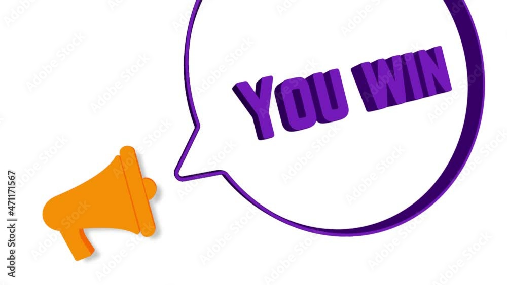 Poster megaphone with speech bubble in 3d style on white background. you win text. loudspeaker. 4k video mo