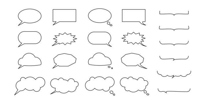Puste komiksowe dymki czatu. Bańki rozmowy, bąbelki dialogowe, kolekcja konwersacyjnych balonik&oacute;w, chmurki mowy i myśli. Dialog, rozmowa, dyskusja, komunikat, plotki.