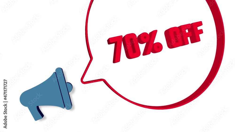 Poster megaphone with speech bubble in 3d style on white background. 70 percent off text. loudspeaker. 4k v