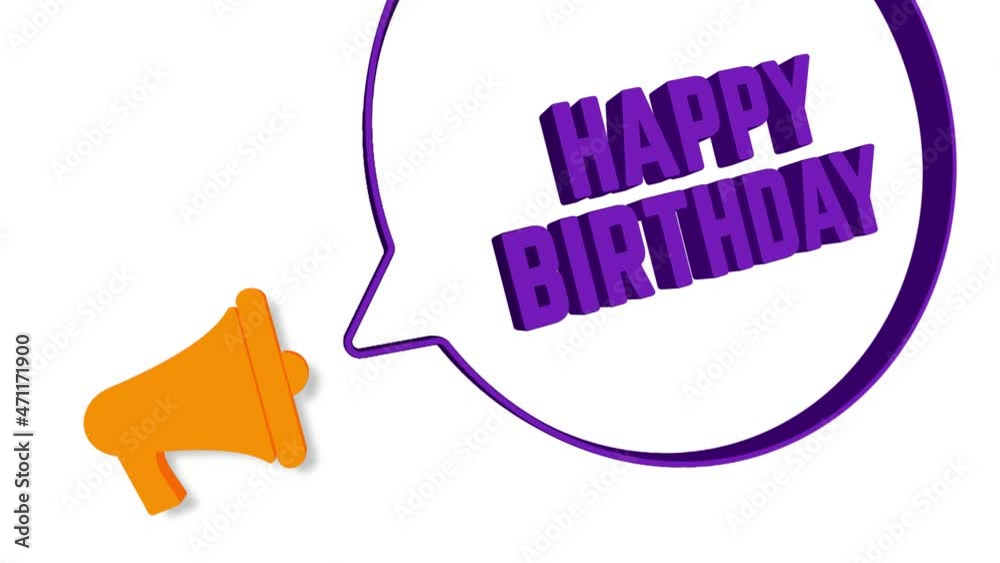 Poster megaphone with speech bubble in 3d style on white background. happy birthday text. loudspeaker. 4k v