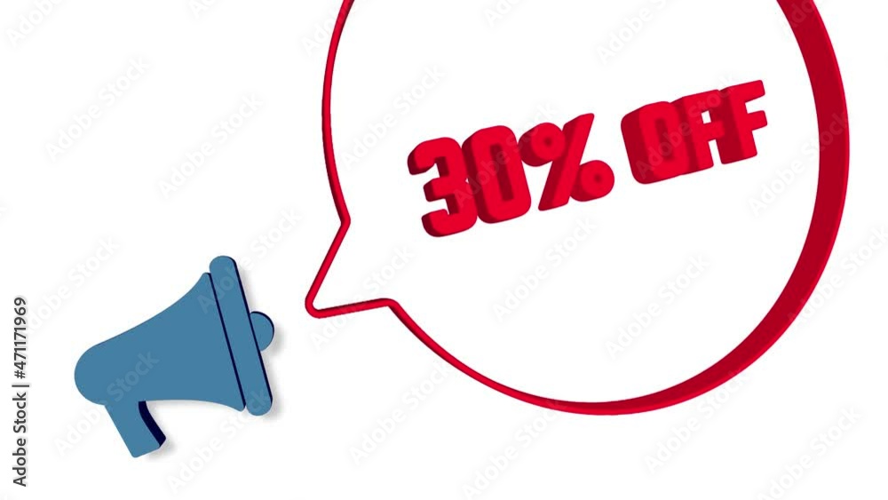 Poster megaphone with speech bubble in 3d style on white background. 30 percent off text. loudspeaker. 4k v