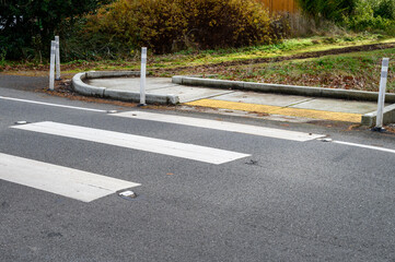 Obraz premium Residential sidewalk leading to a wet trail into a wooded park, fall exploration