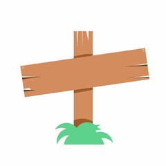 Single Wooden sign with bush of grass, in flat design illustration