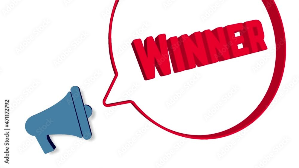 Poster Megaphone with speech bubble in 3d style on white background. Winner text. Loudspeaker. 4K video motion graphic