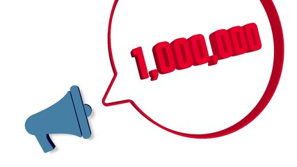 Megaphone with speech bubble in 3d style on white background. Number one million. 1000000 subscribers. Loudspeaker. 4K video motion graphic