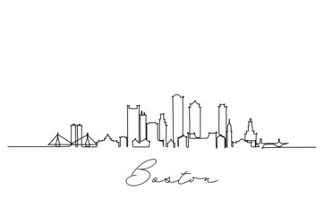 Fototapeta premium Single line drawing Boston city skyline, United States. Historical town landscape in world. Best holiday destination wall decor art. Editable trendy continuous line draw design vector illustration