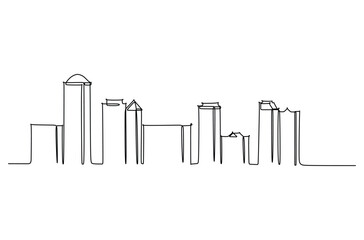 Single line drawing of apartment buildings. Town and buildings landscape model. Best holiday destination wall decor art. Editable trendy continuous line draw design vector illustration