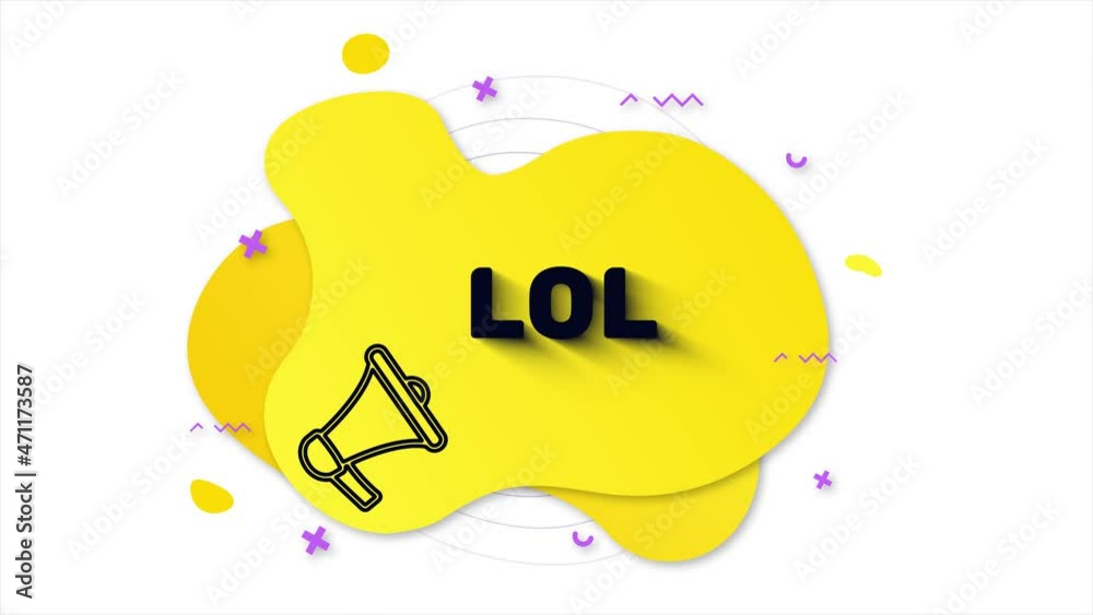 Poster black megaphone with text lol. memphis style banner with abstract geometric shapes on yellow backgro