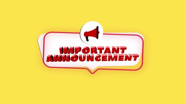 3d realistic style megaphone icon with text Important Announcement isolated on yellow background. Megaphone with speech bubble and important announcement text on flat design. 4K video motion graphic
