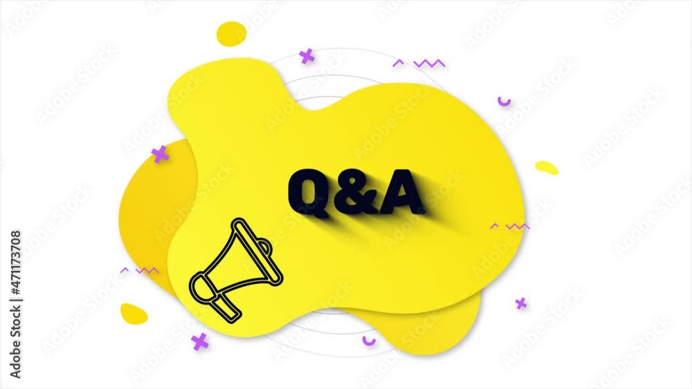 Poster black megaphone with text q and a. memphis style banner with abstract geometric shapes on yellow bac